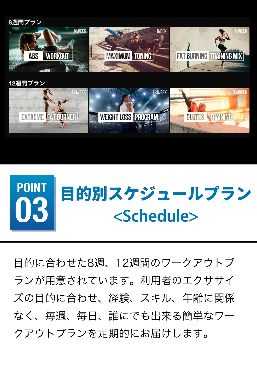 目的別スケジュールプラン 目的に合わせた8週、12週間のワークアウトプランが用意されています。利用者のエクササイズの目的に合わせ、経験、スキル、年齢に関係なく、毎週、毎日、誰にでも出来る簡単なワークアウトプランを定期的にお届けします。